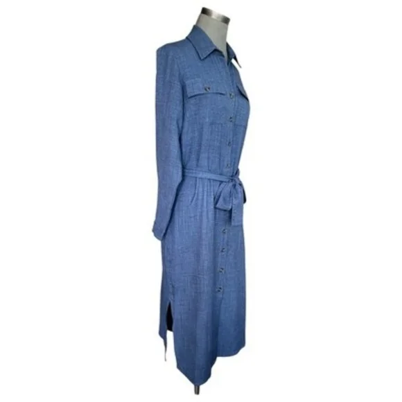 DKNY Denim Blue Long Sleeve Belted Midi Shirtdress Cotton Robe Dress Size 6 - Picture 3 of 6